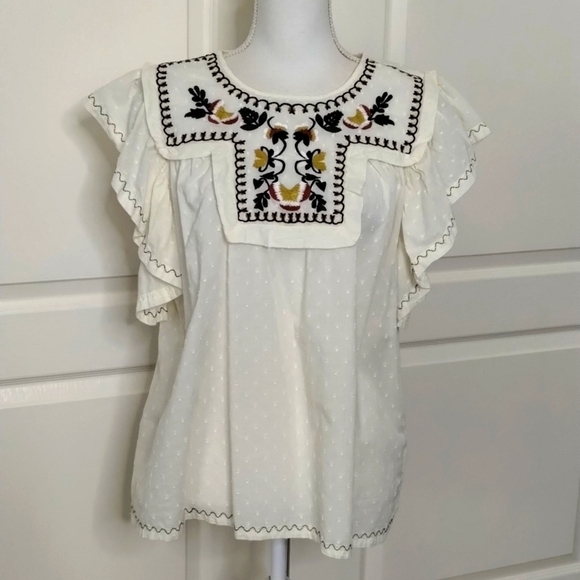 Max Studio size Large cream Swiss Dot embroidered ruffle sleeve boho blouse - Picture 1 of 10